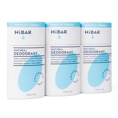 HiBAR Sensitive Deodorant 3-Pack – Unscented Natural Deodorant for Sensitive Skin, Aluminum-Free, Baking Soda-Free, Cruelty-Free, Travel-Friendly Size with Easy Push-Up Applicator Avelisse