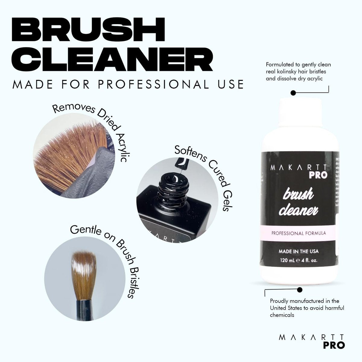 MakarttPro Professional Nail Brush Cleaner & Conditioner – 4oz Acrylic Brush Prep & Sanitation Solution, Made in USA Avelisse