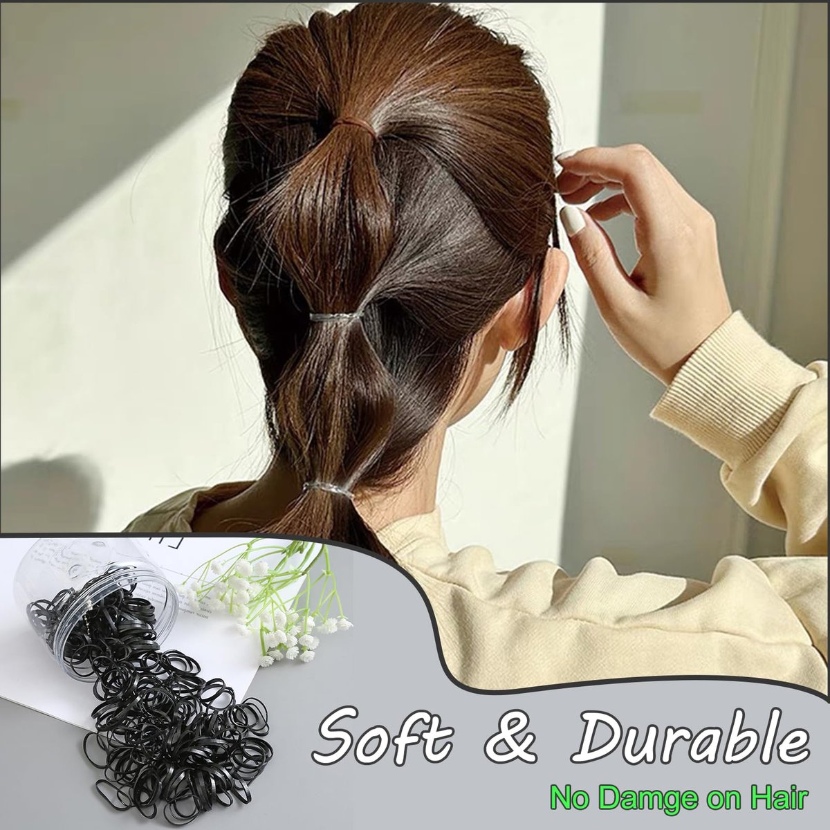 2000 PCS Hair Bands, Elastic Hair Ties with 2 Topsy Tail Tools - Non-Slip Small Hair Rubbers for Ponytails, Black Avelisse