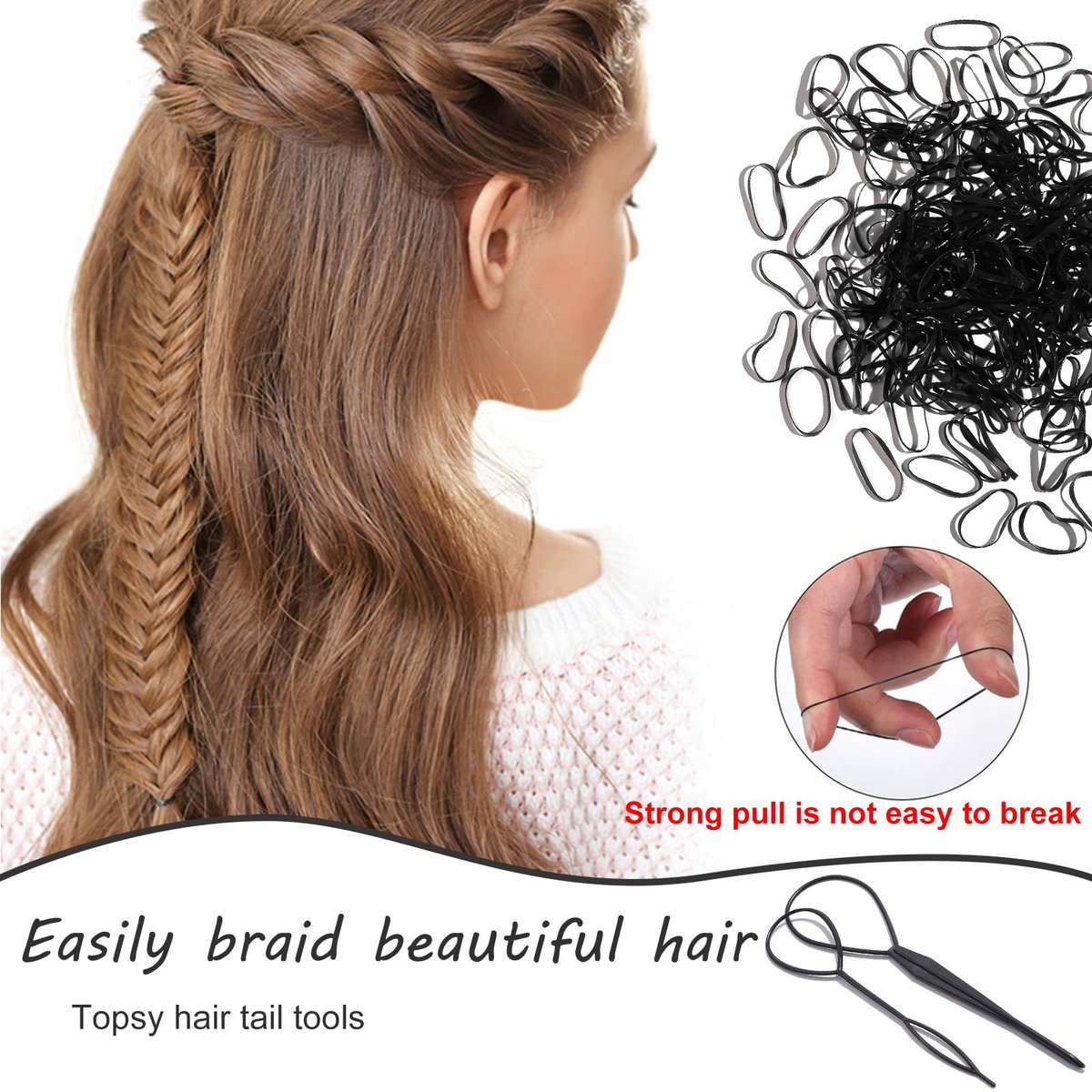 2000 PCS Hair Bands, Elastic Hair Ties with 2 Topsy Tail Tools - Non-Slip Small Hair Rubbers for Ponytails, Black Avelisse
