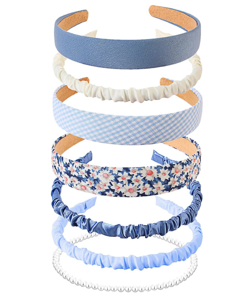 JELIEE 7 Pack Non-Slip Headbands for Women - Fashion Flower, Pearl, Twisted, Solid Blue and White Styles - görsel 1