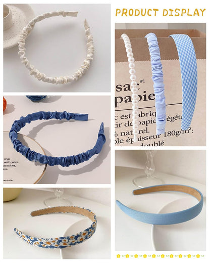 JELIEE 7 Pack Non-Slip Headbands for Women - Fashion Flower, Pearl, Twisted, Solid Blue and White Styles