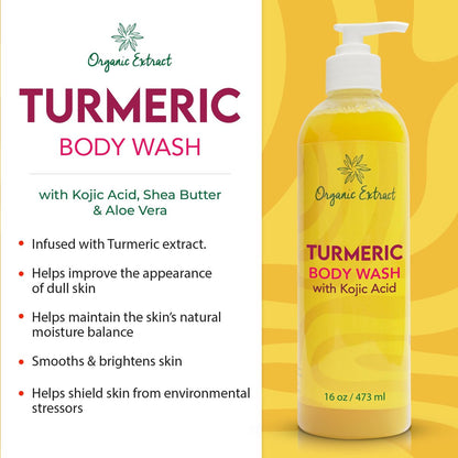 Organic Extract Turmeric Kojic Acid Body Wash – Skin Brightening Shower Gel with Shea Butter & Aloe Vera, 16 fl oz