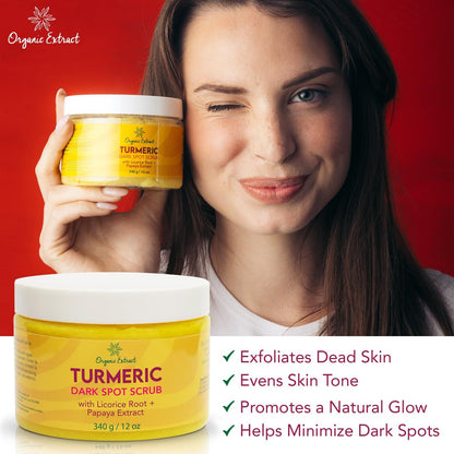 Organic Extract Turmeric Face Polish - Skin Brightening & Exfoliating Scrub (12 fl oz / 340g) - Deep Cleanser with Papaya Extract for Even Skin Tone