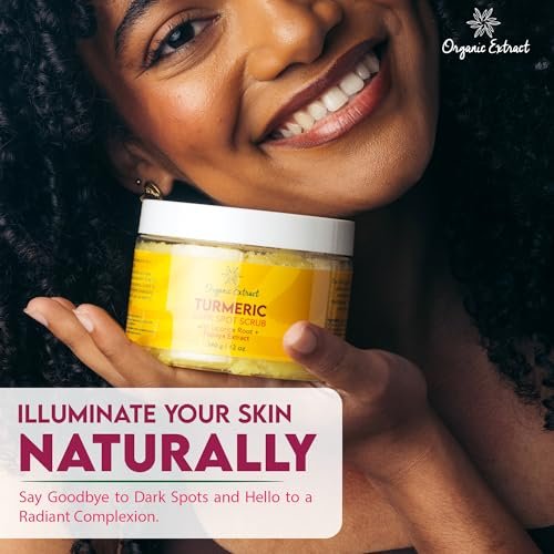 Organic Extract Turmeric Face Polish - Skin Brightening & Exfoliating Scrub (12 fl oz / 340g) - Deep Cleanser with Papaya Extract for Even Skin Tone - görsel 6