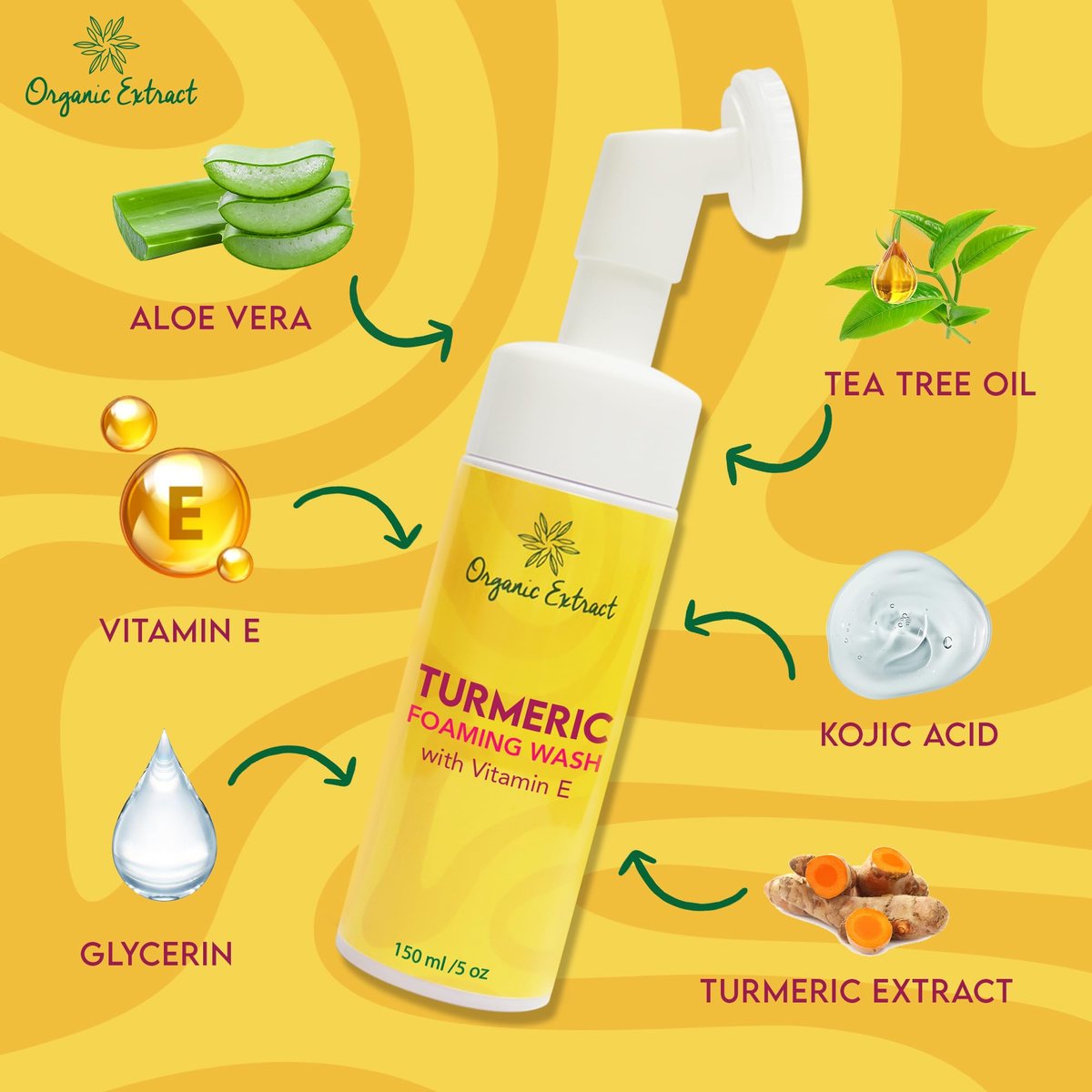 Organic Extract Turmeric Skin Brightening Face Wash – 5 fl oz / 150ml – Daily Moisturizer, Gentle Facial Cleanser for All Skin Types with Kojic Acid, Vitamin E, and Aloe Vera Avelisse