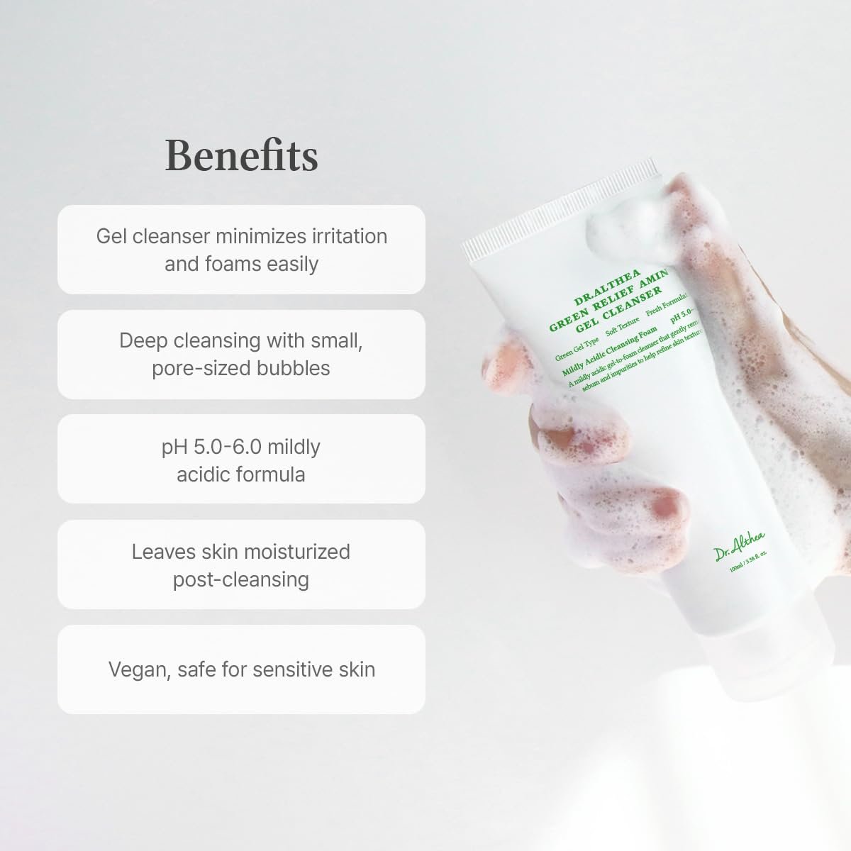 Dr.Althea Green Relief Amino Gel Cleanser - Lightweight Hydrating Makeup Remover, Daily Face Wash with Hyaluronic Acid, Korean Vegan Skincare for All Skin Types (3.38 Fl Oz) Avelisse