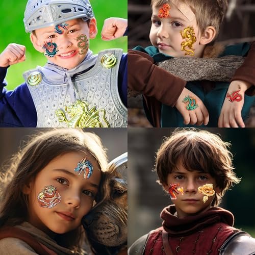 96 PCS Dragon Pre-cut Temporary Tattoos for Kids - Knight & Dragon Party Favors, Classroom Rewards, Halloween Gifts - görsel 12
