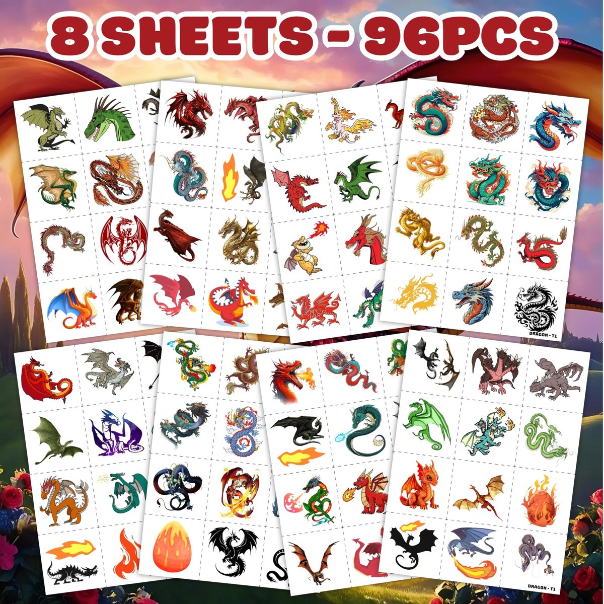 96 PCS Dragon Pre-cut Temporary Tattoos for Kids - Knight & Dragon Party Favors, Classroom Rewards, Halloween Gifts - görsel 7