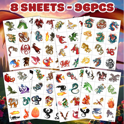 96 PCS Dragon Pre-cut Temporary Tattoos for Kids - Knight & Dragon Party Favors, Classroom Rewards, Halloween Gifts