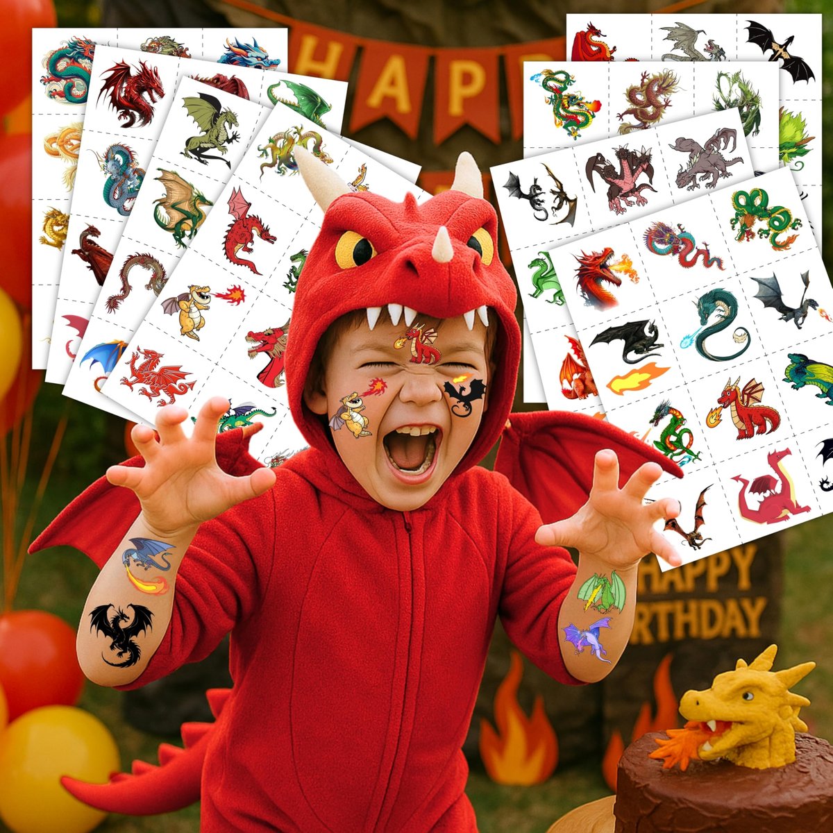 96 PCS Dragon Pre-cut Temporary Tattoos for Kids - Knight & Dragon Party Favors, Classroom Rewards, Halloween Gifts - görsel 3