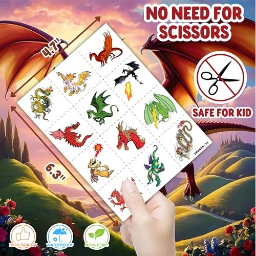 96 PCS Dragon Pre-cut Temporary Tattoos for Kids - Knight & Dragon Party Favors, Classroom Rewards, Halloween Gifts - görsel 10