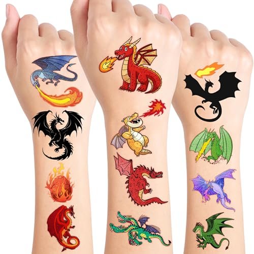 96 PCS Dragon Pre-cut Temporary Tattoos for Kids - Knight & Dragon Party Favors, Classroom Rewards, Halloween Gifts - görsel 2