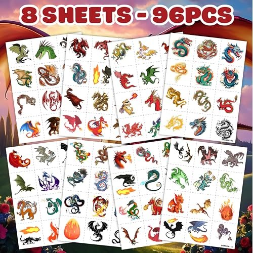96 PCS Dragon Pre-cut Temporary Tattoos for Kids - Knight & Dragon Party Favors, Classroom Rewards, Halloween Gifts - görsel 8