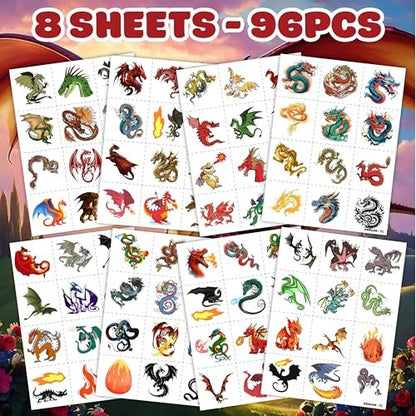 96 PCS Dragon Pre-cut Temporary Tattoos for Kids - Knight & Dragon Party Favors, Classroom Rewards, Halloween Gifts