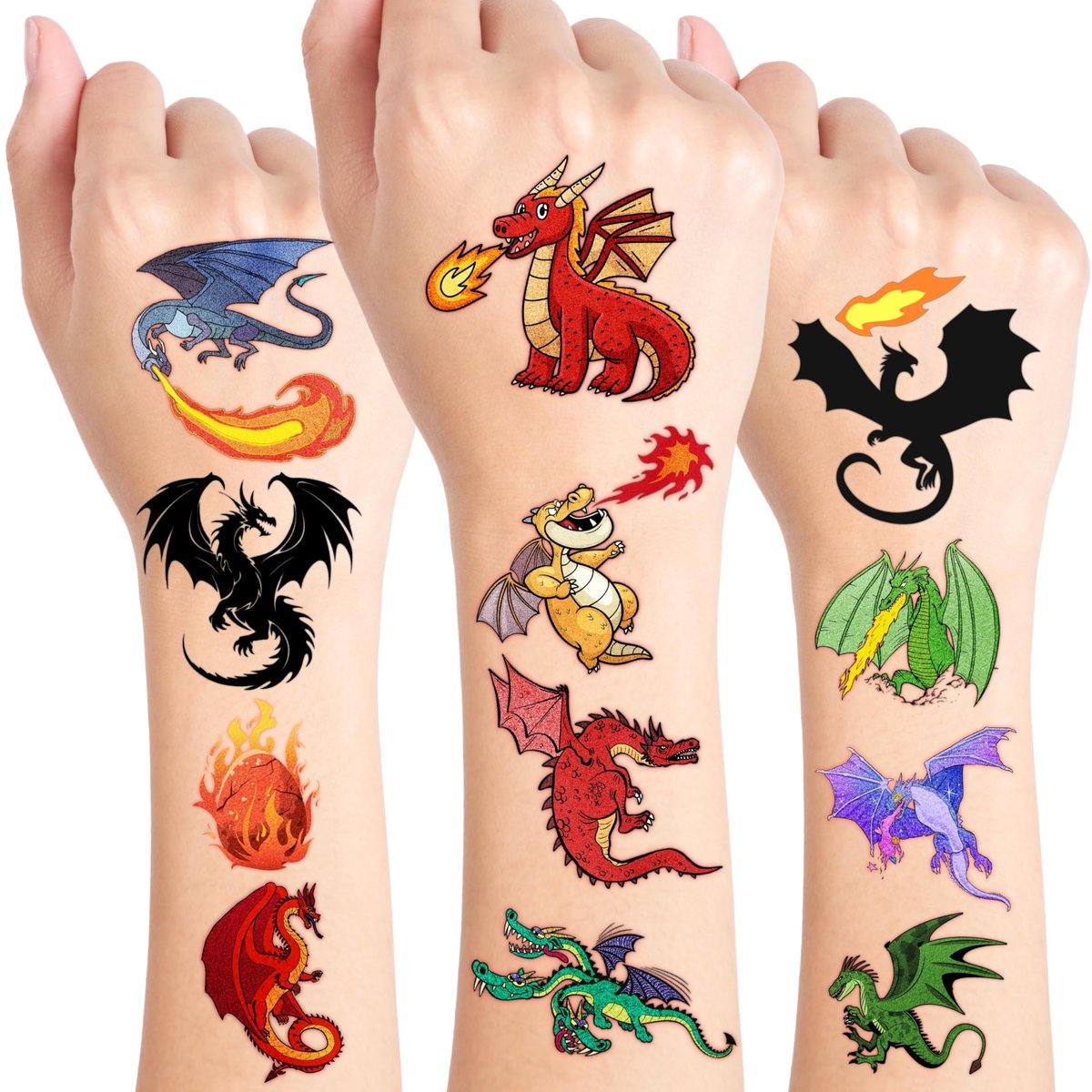 96 PCS Dragon Pre-cut Temporary Tattoos for Kids - Knight & Dragon Party Favors, Classroom Rewards, Halloween Gifts - görsel 1