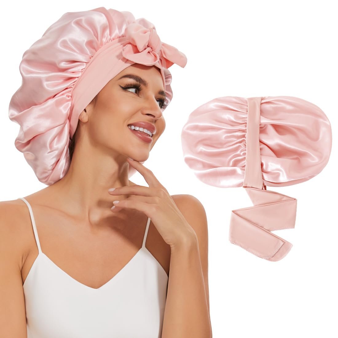 BE BIGEDDIE Large Silk Bonnet for Sleeping – Satin Hair Bonnet with Tie Band, Double Layer for Natural Curly Hair & Shower Cap Avelisse