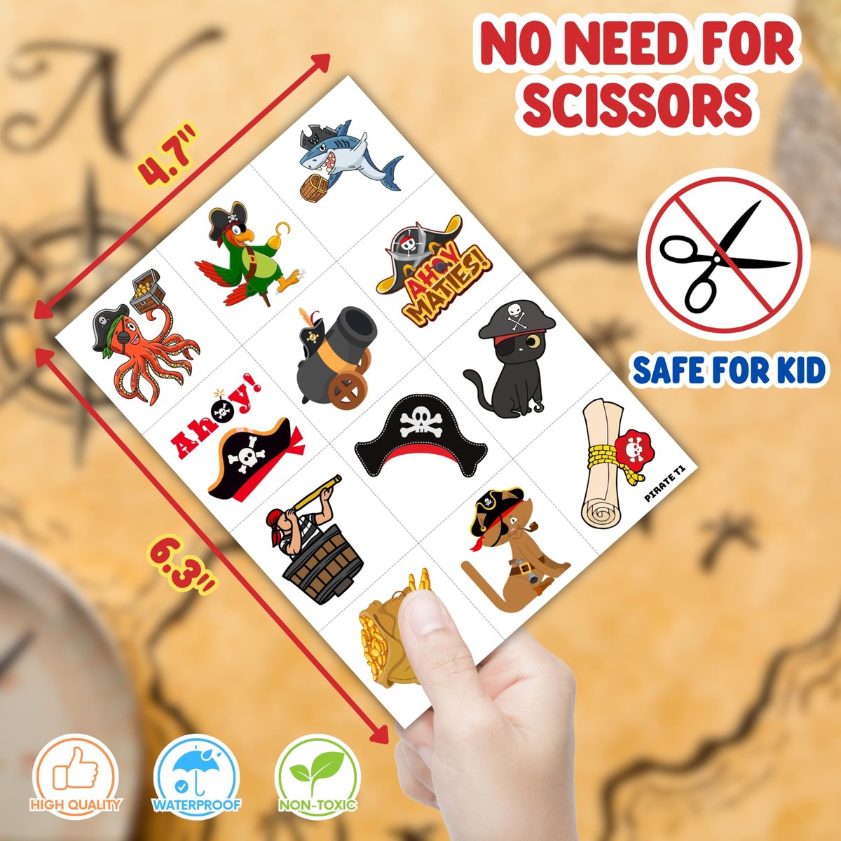 96PCS Pirate Pre-Cut Temporary Tattoos - Fun Pirate Ship, Mermaid, Treasure Designs for Kids Party Favors, Birthday Supplies, Classroom Rewards & Halloween Gifts - görsel 11