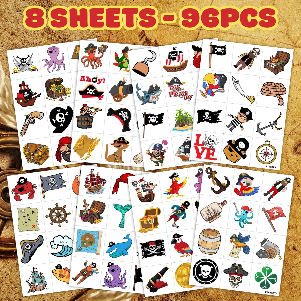 96PCS Pirate Pre-Cut Temporary Tattoos - Fun Pirate Ship, Mermaid, Treasure Designs for Kids Party Favors, Birthday Supplies, Classroom Rewards & Halloween Gifts - görsel 9