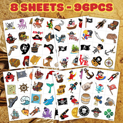 96PCS Pirate Pre-Cut Temporary Tattoos - Fun Pirate Ship, Mermaid, Treasure Designs for Kids Party Favors, Birthday Supplies, Classroom Rewards & Halloween Gifts