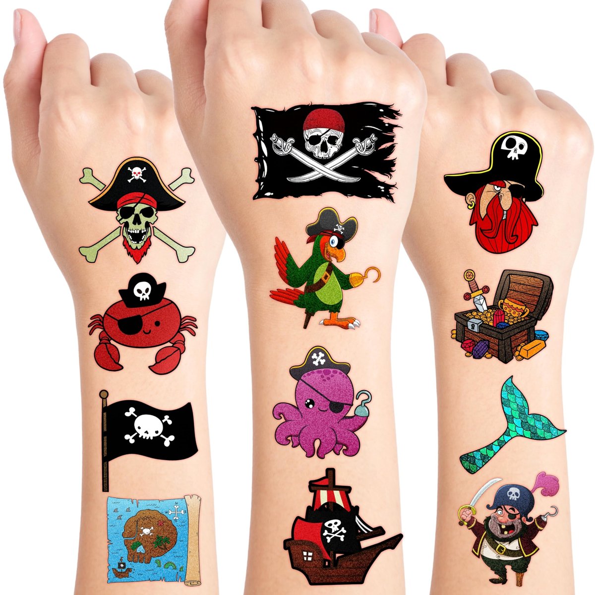 96PCS Pirate Pre-Cut Temporary Tattoos - Fun Pirate Ship, Mermaid, Treasure Designs for Kids Party Favors, Birthday Supplies, Classroom Rewards & Halloween Gifts - görsel 1