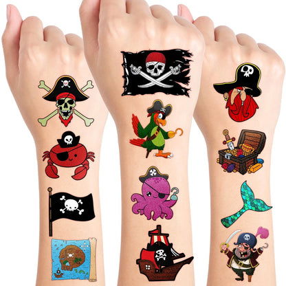 96PCS Pirate Pre-Cut Temporary Tattoos - Fun Pirate Ship, Mermaid, Treasure Designs for Kids Party Favors, Birthday Supplies, Classroom Rewards & Halloween Gifts