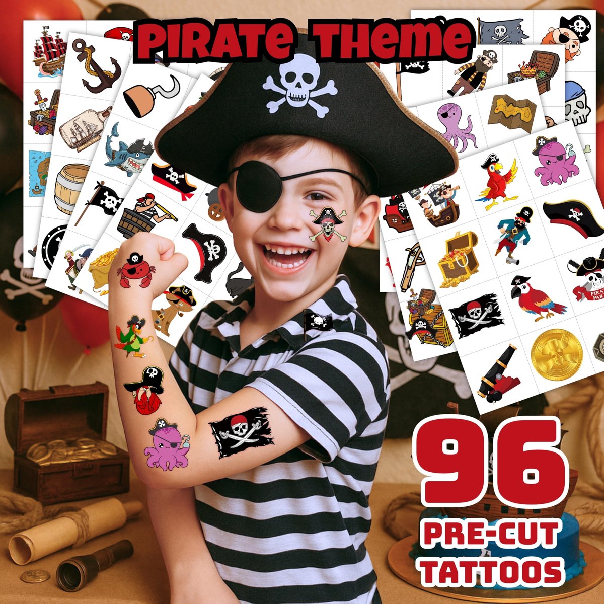 96PCS Pirate Pre-Cut Temporary Tattoos - Fun Pirate Ship, Mermaid, Treasure Designs for Kids Party Favors, Birthday Supplies, Classroom Rewards & Halloween Gifts - görsel 3
