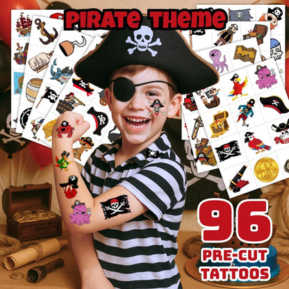96PCS Pirate Pre-Cut Temporary Tattoos - Fun Pirate Ship, Mermaid, Treasure Designs for Kids Party Favors, Birthday Supplies, Classroom Rewards & Halloween Gifts