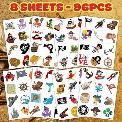 96PCS Pirate Pre-Cut Temporary Tattoos - Fun Pirate Ship, Mermaid, Treasure Designs for Kids Party Favors, Birthday Supplies, Classroom Rewards & Halloween Gifts