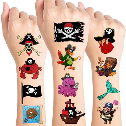 96PCS Pirate Pre-Cut Temporary Tattoos - Fun Pirate Ship, Mermaid, Treasure Designs for Kids Party Favors, Birthday Supplies, Classroom Rewards & Halloween Gifts