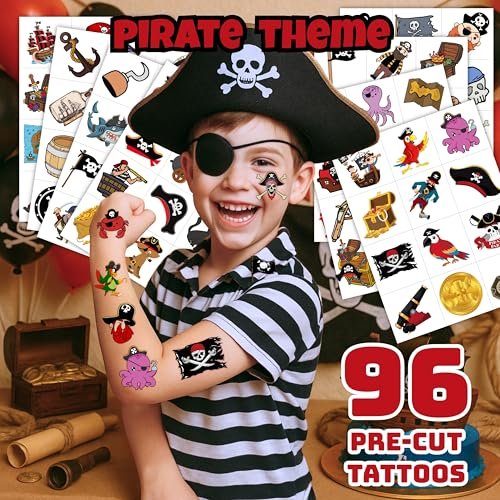 96PCS Pirate Pre-Cut Temporary Tattoos - Fun Pirate Ship, Mermaid, Treasure Designs for Kids Party Favors, Birthday Supplies, Classroom Rewards & Halloween Gifts - görsel 4