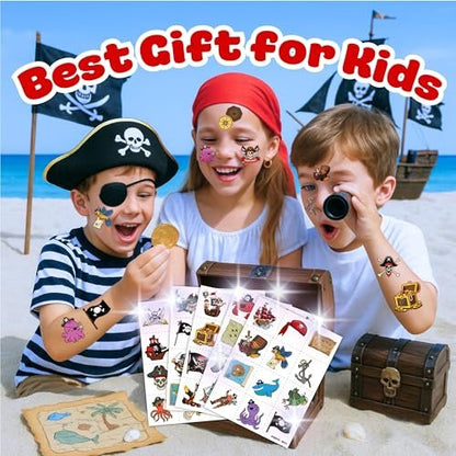 96PCS Pirate Pre-Cut Temporary Tattoos - Fun Pirate Ship, Mermaid, Treasure Designs for Kids Party Favors, Birthday Supplies, Classroom Rewards & Halloween Gifts