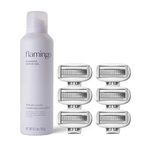 Flamingo Foaming Shaving Gel and Original Razor Blade Refill Cartridges - 6 Count - Women's Shaving Razor Set Avelisse