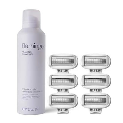 Flamingo Foaming Shaving Gel and Original Razor Blade Refill Cartridges - 6 Count - Women's Shaving Razor Set Avelisse