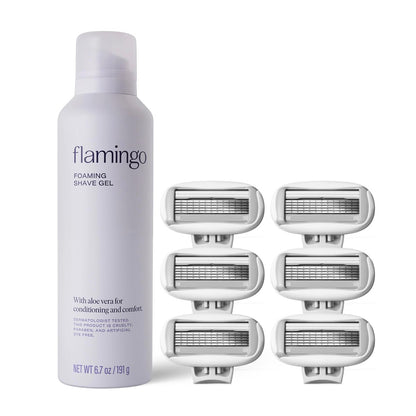 Flamingo Foaming Shaving Gel and Original Razor Blade Refill Cartridges - 6 Count - Women's Shaving Razor Set Avelisse
