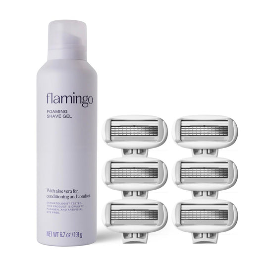 Flamingo Foaming Shaving Gel and Original Razor Blade Refill Cartridges - 6 Count - Women's Shaving Razor Set Avelisse