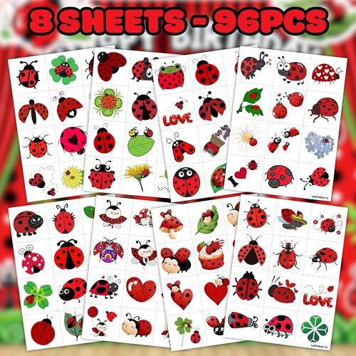 96PCS Ladybug Pre-Cut Temporary Tattoos for Kids - Cute Lady Beetle Bug Tattoos, Party Favors, Birthday Decorations, Classroom Rewards, Halloween Gifts for Boys & Girls - görsel 8