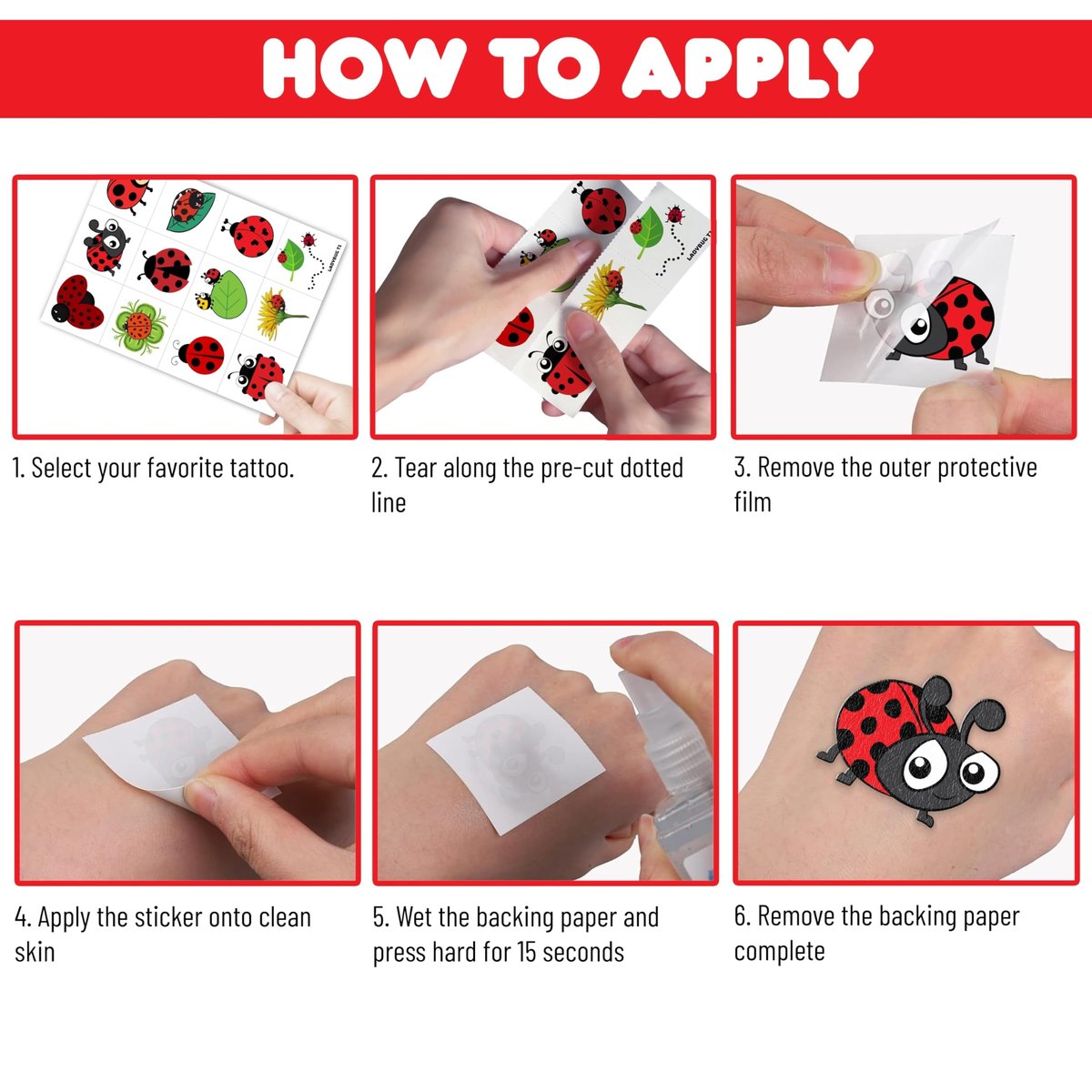 96PCS Ladybug Pre-Cut Temporary Tattoos for Kids - Cute Lady Beetle Bug Tattoos, Party Favors, Birthday Decorations, Classroom Rewards, Halloween Gifts for Boys & Girls - görsel 13