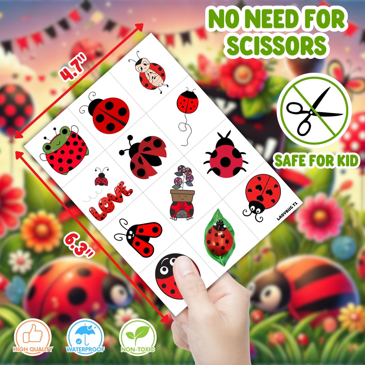 96PCS Ladybug Pre-Cut Temporary Tattoos for Kids - Cute Lady Beetle Bug Tattoos, Party Favors, Birthday Decorations, Classroom Rewards, Halloween Gifts for Boys & Girls - görsel 9
