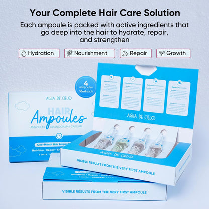 Agua de Cielo Hair Ampoules Set – Intensive Hair Treatment for Damaged Hair, Nourish, Hydrate, Repair & Growth – 4 Ampoules of 10ml Avelisse