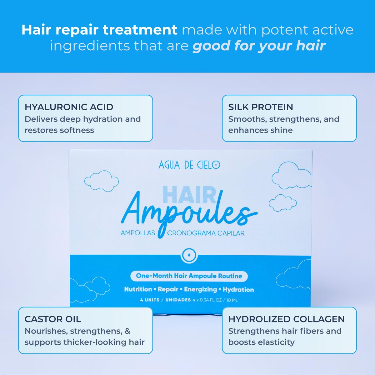 Agua de Cielo Hair Ampoules Set – Intensive Hair Treatment for Damaged Hair, Nourish, Hydrate, Repair & Growth – 4 Ampoules of 10ml Avelisse