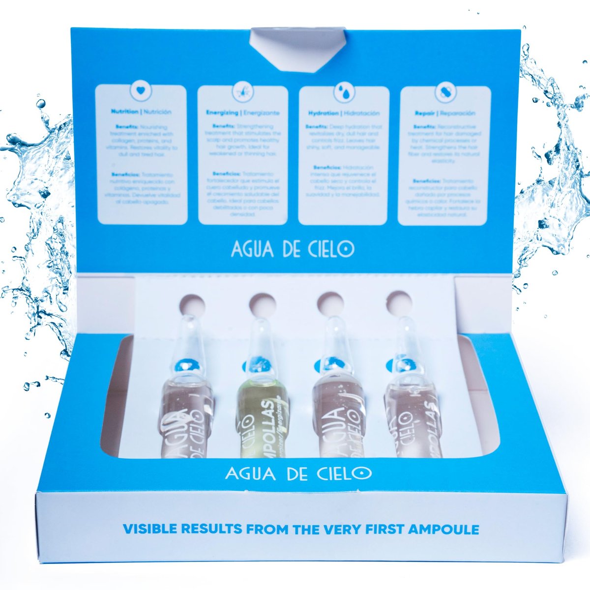 Agua de Cielo Hair Ampoules Set – Intensive Hair Treatment for Damaged Hair, Nourish, Hydrate, Repair & Growth – 4 Ampoules of 10ml Avelisse