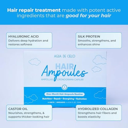 Agua de Cielo Hair Ampoules Set – Intensive Hair Treatment for Damaged Hair, Nourish, Hydrate, Repair & Growth – 4 Ampoules of 10ml Avelisse