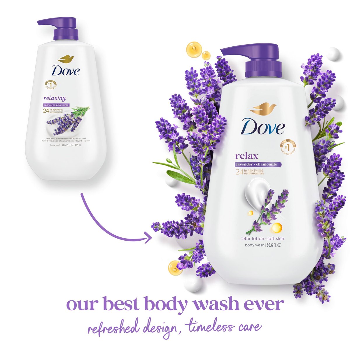 Dove Body Wash with Pump Relax Lavender Oil & Chamomile for 24hr Lotion-Soft Skin, Moisturizing Skin Cleanser, No Sulfates, No Parabens, 30.6 Oz Avelisse