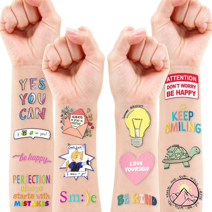 96-Piece Motivational Pre-Cut Temporary Tattoos - Inspirational Quote Tattoos for Women, Men, Teens & Kids - Birthday Party Favors, School Prizes, Classroom Rewards