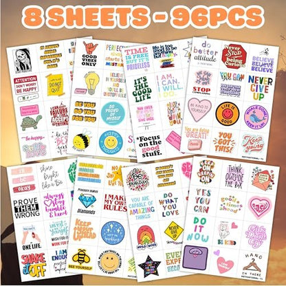 96-Piece Motivational Pre-Cut Temporary Tattoos - Inspirational Quote Tattoos for Women, Men, Teens & Kids - Birthday Party Favors, School Prizes, Classroom Rewards