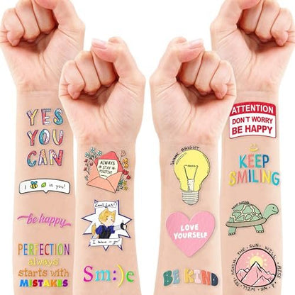 96-Piece Motivational Pre-Cut Temporary Tattoos - Inspirational Quote Tattoos for Women, Men, Teens & Kids - Birthday Party Favors, School Prizes, Classroom Rewards