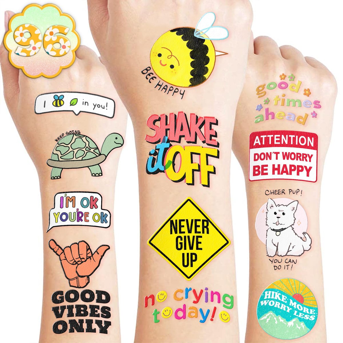 96-Piece Motivational Pre-Cut Temporary Tattoos - Inspirational Quote Tattoos for Women, Men, Teens & Kids - Birthday Party Favors, School Prizes, Classroom Rewards - görsel 1