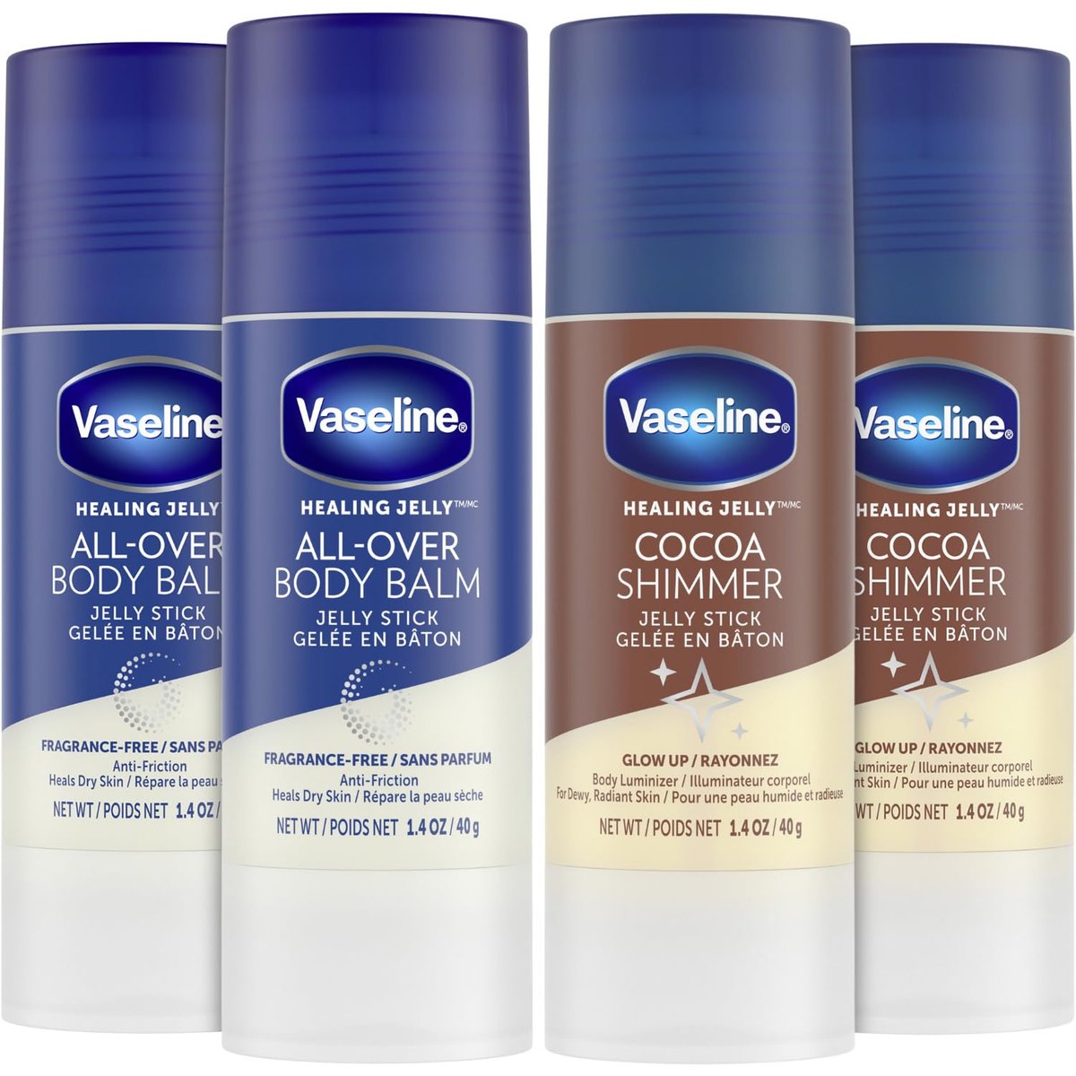 Vaseline Cocoa Shimmer Jelly Stick & All Over Body Balm Stick Bundle – Cocoa Butter Body Balm Skin Care Set (4 Piece, 20 oz) Avelisse