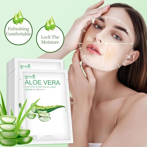 Aloe Vera Face Mask – Hydrating Sheet Masks for Dry, Oily, Sensitive Skin, Moisturizing, Soothing, Calming, Sun Care, Acne, 10-Pack Avelisse
